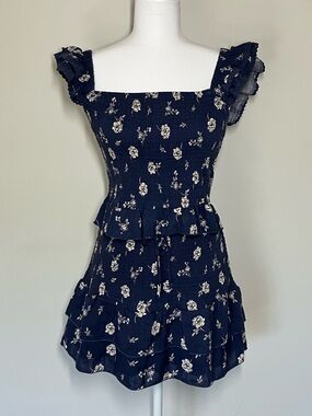 Smocked Tank & Skirt Set Lined Cotton Blend Floral on Blue Womens Size M